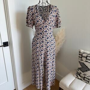 Slide Show Blue Floral Wide Leg Short Puff Sleeve Belted Cropped Jumpsuit Sz 10